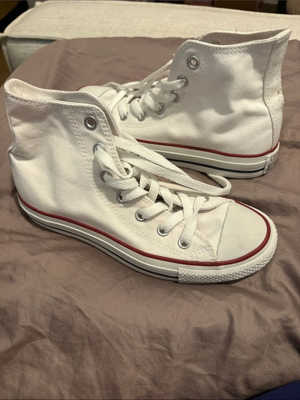 Converse Canvas White High Top Sneakers with Red & Blue Trim